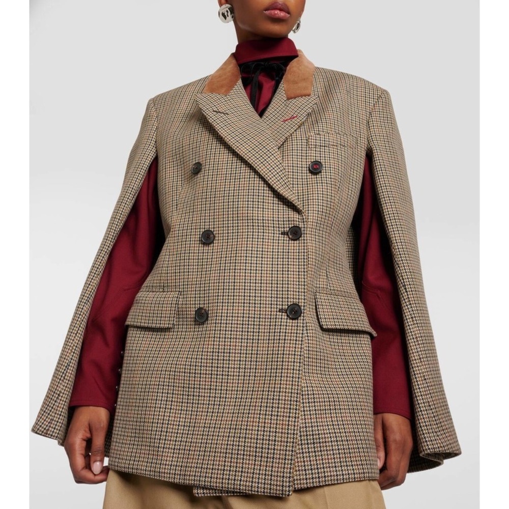 Maison Margiela Houndstooth Plaid Cape Jacket Brown Camel Wool IT 44 US Size 12 - Picture 3 of 16